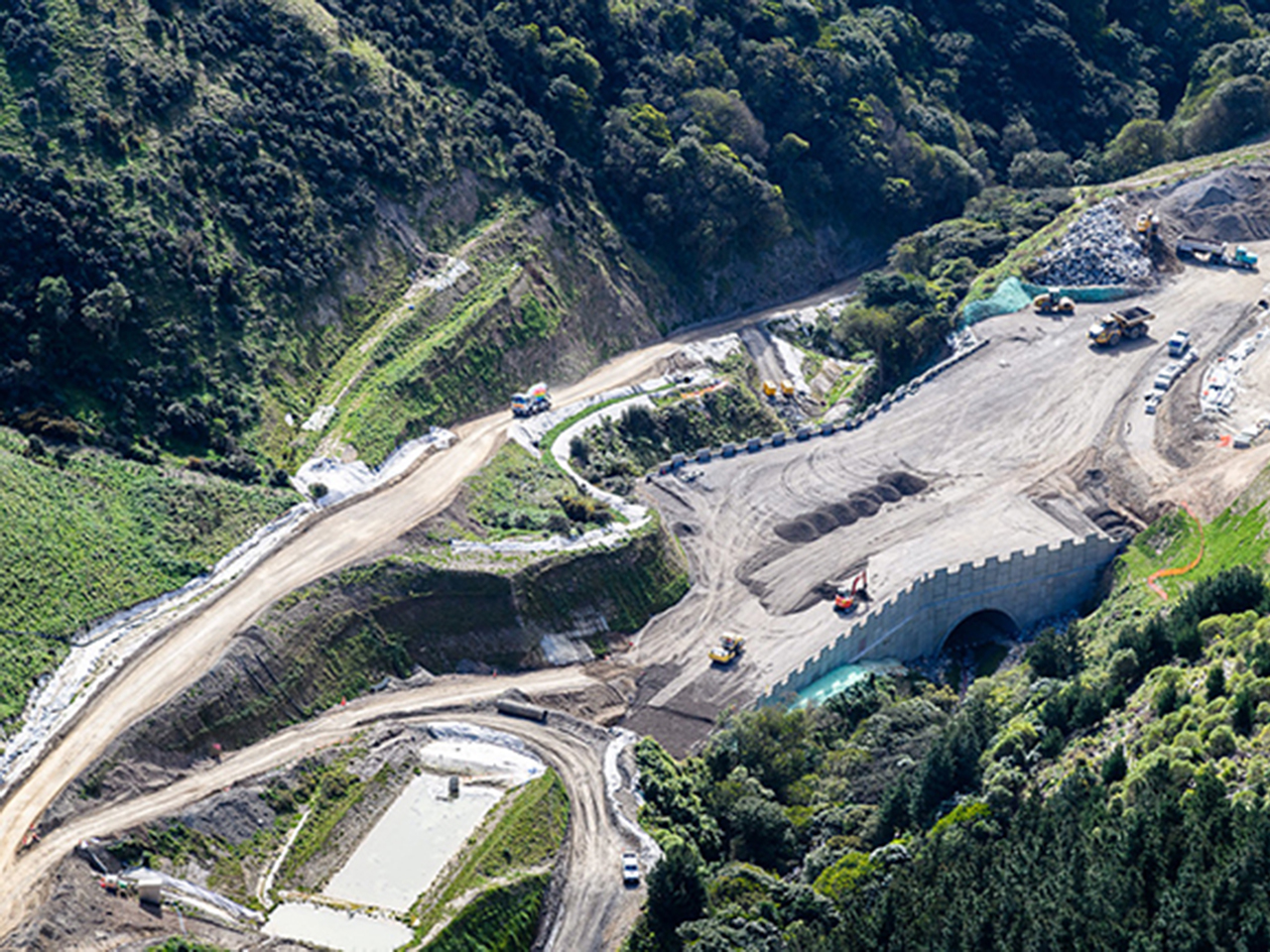 Aerial view of the TechSpan precast concrete arches and Geoquest MSE walls for New Zealand road infrastructure, Transmission Gully Project.