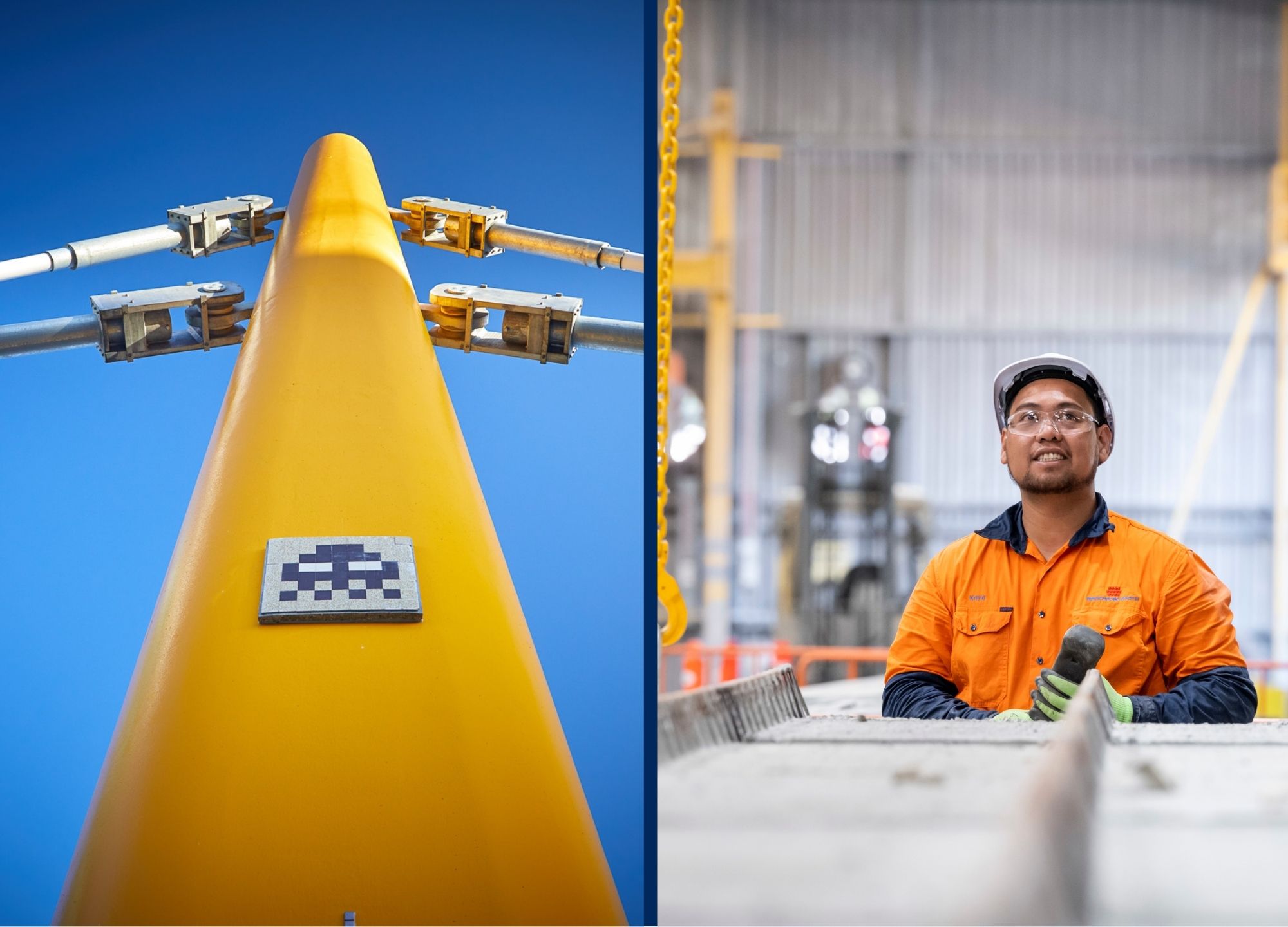 Geoquest PRECAST Infographics (1) An image of a yellow precast concrete bridge mast in Perth and a picture of a precast concrete fabrication worker in a factory in front of precast concrete panels