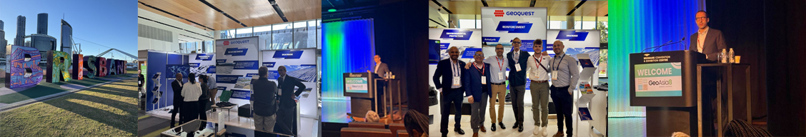 GeoAsia Team Long Geoquest Australia and international team members pictured at GeoAsia8 in Brisbane, alongside photos of our stand and speaker, Managing Director Oceania, Riccardo Musella.