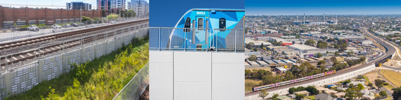Pictured right is Warun Ponds to Geelong railway line, pictured centre is a close up of a blue Metro train in Victoria passing through Webb Street Station and pictured left is Bells Street Preston Railway line, all sitting atop Geoquest MSE retaining walls faced with its precast concrete facing panels.